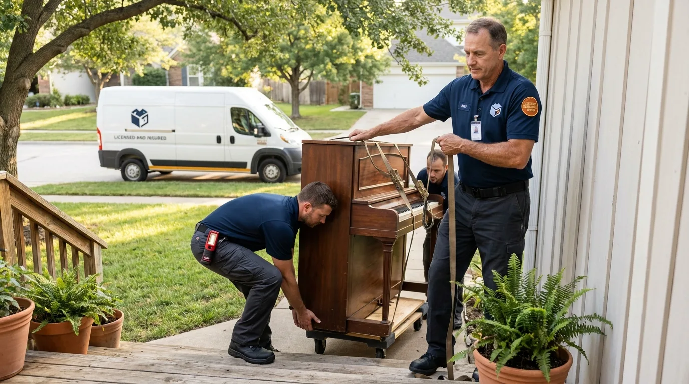 Licensed piano movers securing grand piano in Warsaw, VA
