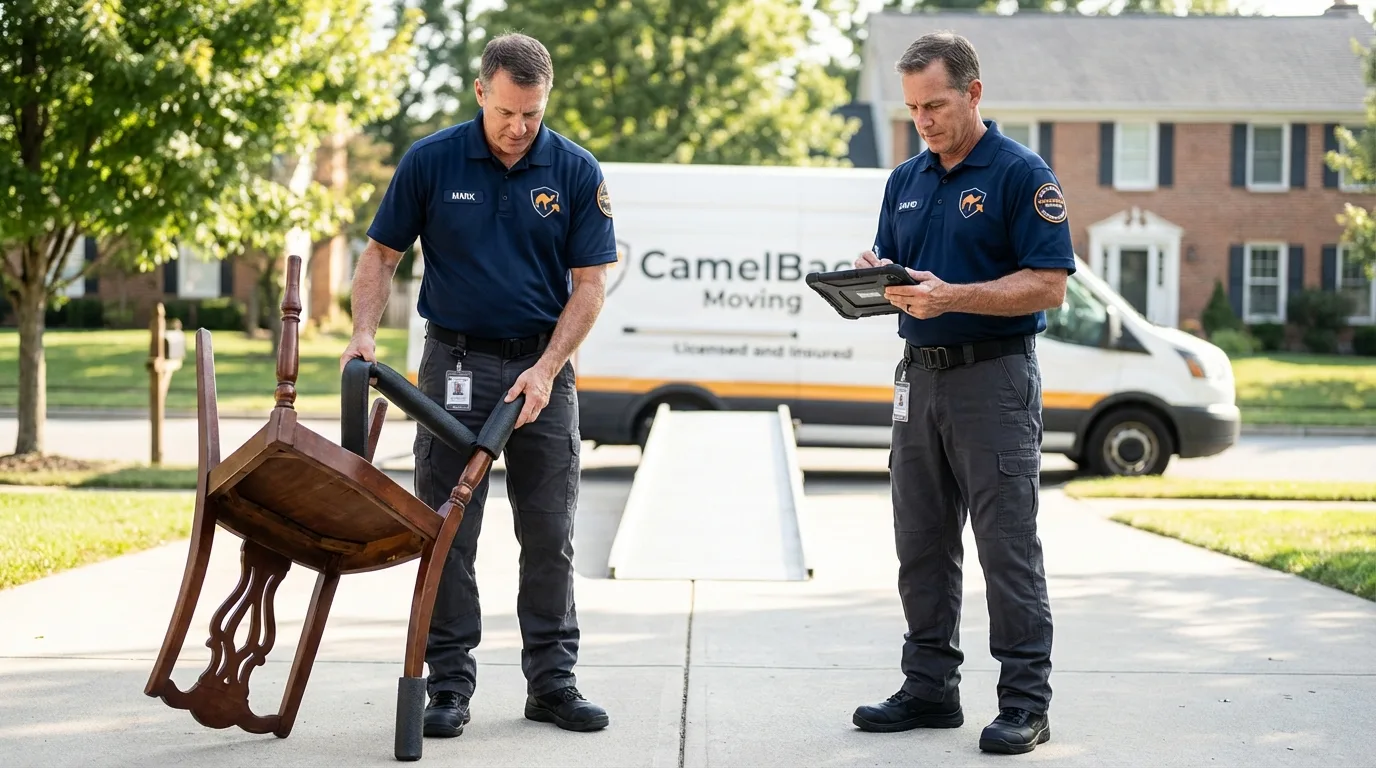 Movers inspecting furniture for damage prevention before loading in Warsaw, VA
