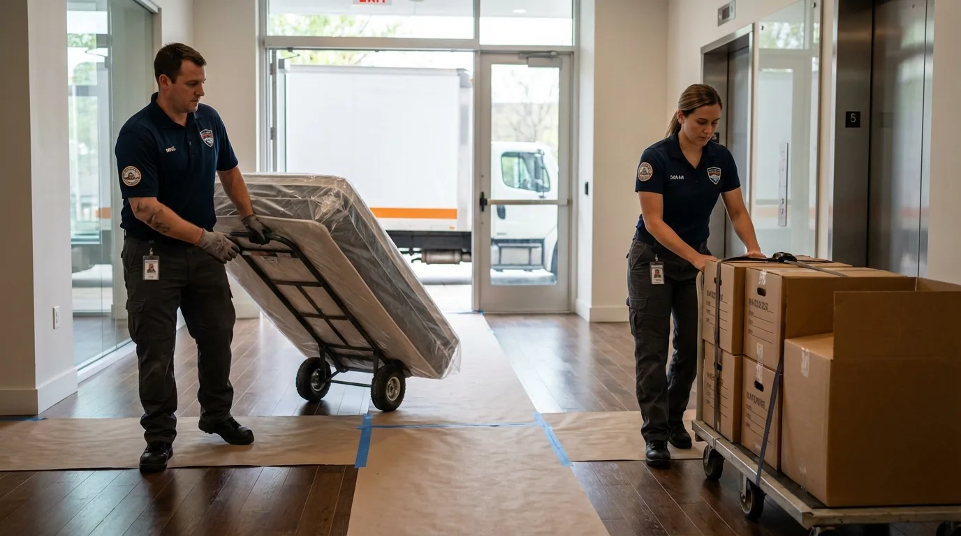 Professional apartment movers loading elevator in Warsaw, VA
